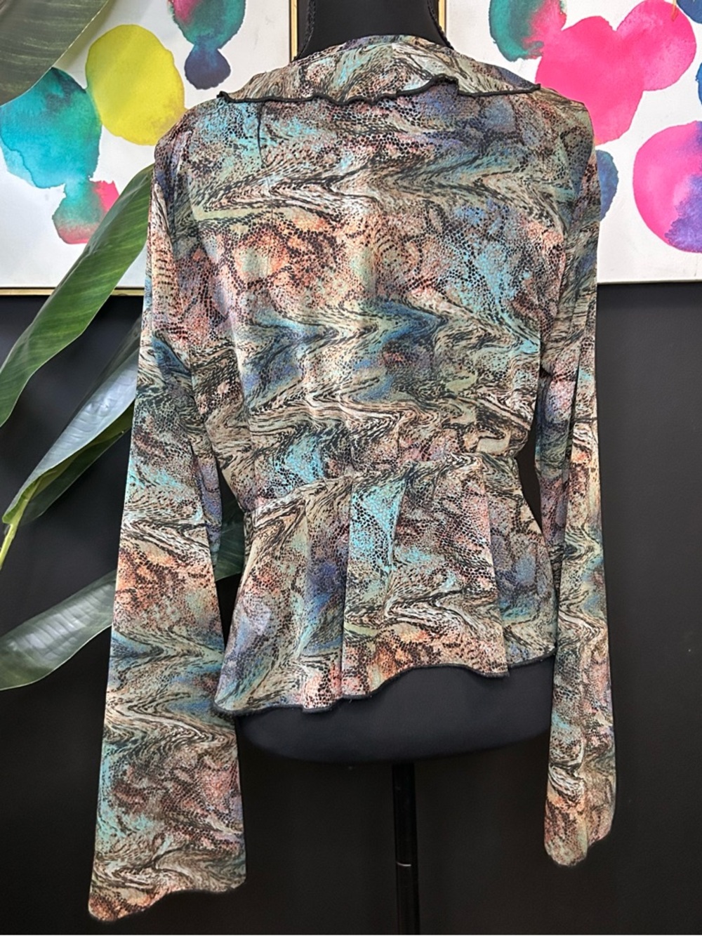 Ruffled Tie-Front Sheer Blouse in Teal & Brown - Picture 4 of 4